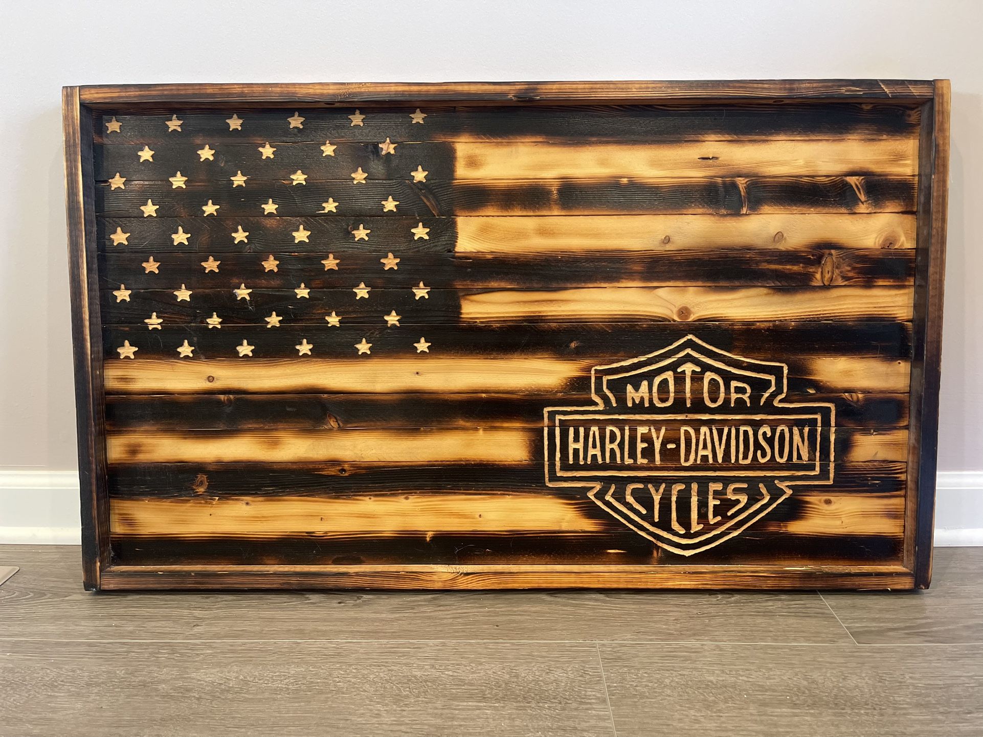 Custom Harley-Davidson American Flag Charred Wooden Art Rustic