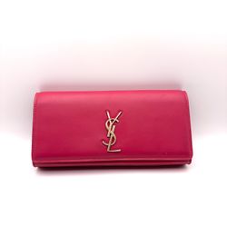 AUTHENTIC SAINT LAURENT Classic Monogram Clutch Leather Long (Hot Pink/Gold)