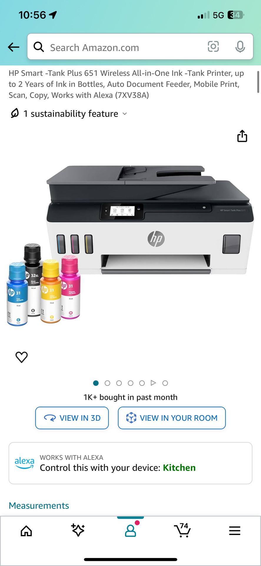 HP Smart -Tank Plus 651 Wireless All-in-One Ink -Tank Printer, up to 2 Years of Ink in Bottles, Auto Document Feeder, Mobile Print, Scan, Copy, Works 