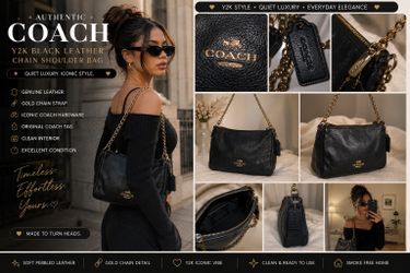 Authentic Coach Y2K Black Leather Chain Shoulder Bag • Quiet Luxury • Rare Style