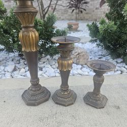 Set of 3 Ornate Candle Holders Tiered Gold Brown 