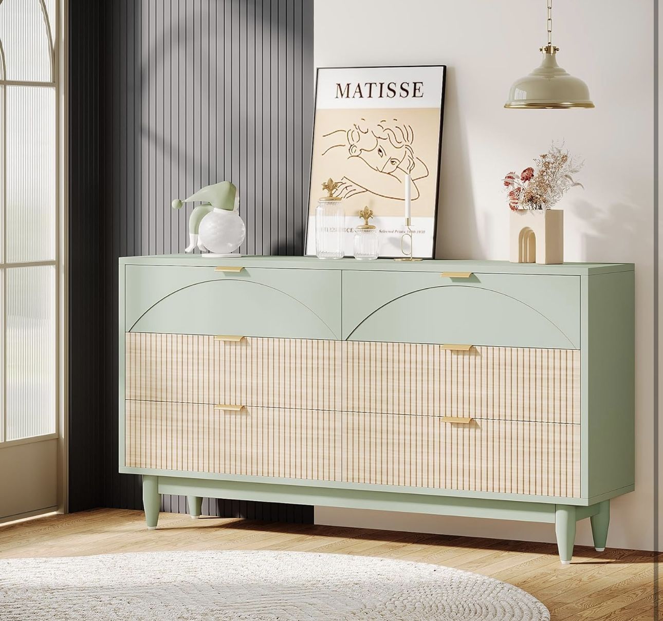 New assembled 6-Drawer Dresser for Bedroom: 55 Inches Moden Chest of Drawers with Gold Metal Handles, Mint Green Long Double Dresser Organizer Wooden
