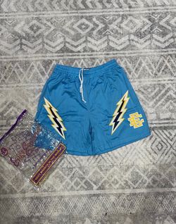 Eric Emanuel blue shorts with yellow lightning bolts
