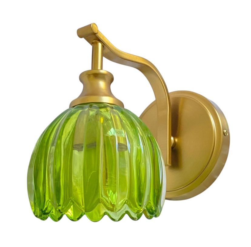 Vintage Wall Light Brass Gold with  Green Tulip Glass Shade 