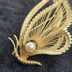 Vintage Brooks Goldtone Faux Pearl Butterfly Brooch