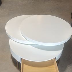 Modern White Round Swivel Coffee Table with Gold Accents & Storage Drawer – Excellent Condition!