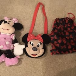 Minnie Mouse Stuffed Animal With A Minnie Mouse Handbag And Drawstring Bag