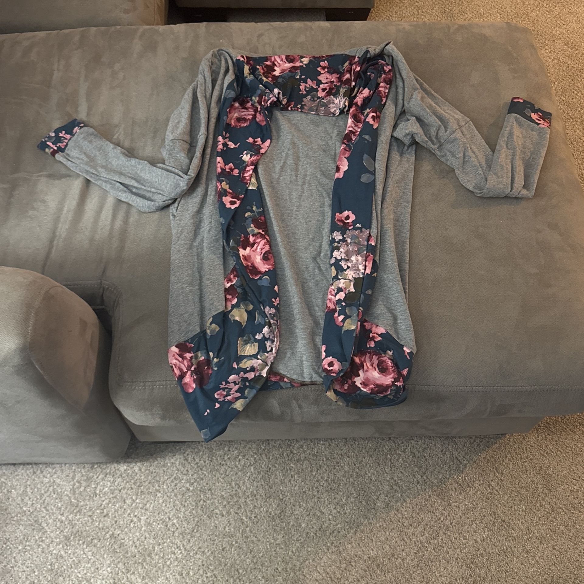 Gray With Floral Trim Cardigan