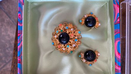 a vintage West Germany brooch and earrings set with faux pearls and glass stones. 