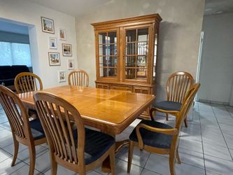 Solid wood dining table, chairs, China cabinet & buffet