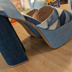 Journee Asherby Denim Platform Heels Chunky Block Sandals NEW