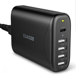 EUASOO 60w 5-port USB Wall Charger With USB-C And USB-A Ports. Fast Charge