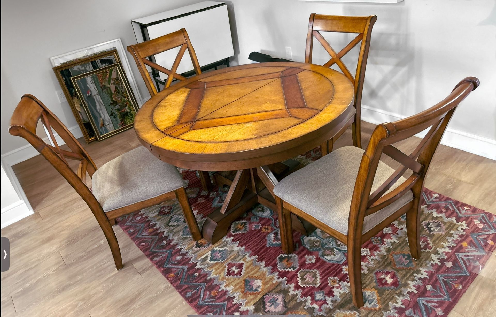 Wood Round Dining Table And 4 Wood Dining Chairs