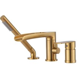 Single-Handle Deck-Mount Roman Tub Faucet with Hand Shower in Gold