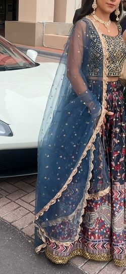 Blue Printed Embroidered Chinon Silk Lehenga Choli: Indian Wedding Outfit