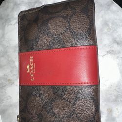 Authentic Coach Signature Zip Wallet – Brown & Red Leather