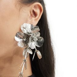 ASOS DESIGN drop earrings with 3D floral design in silver tone