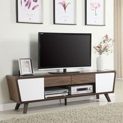 💎2-door Engineered Wood 74" TV Media Stand Dark Cabinet Walnut Finish White💎