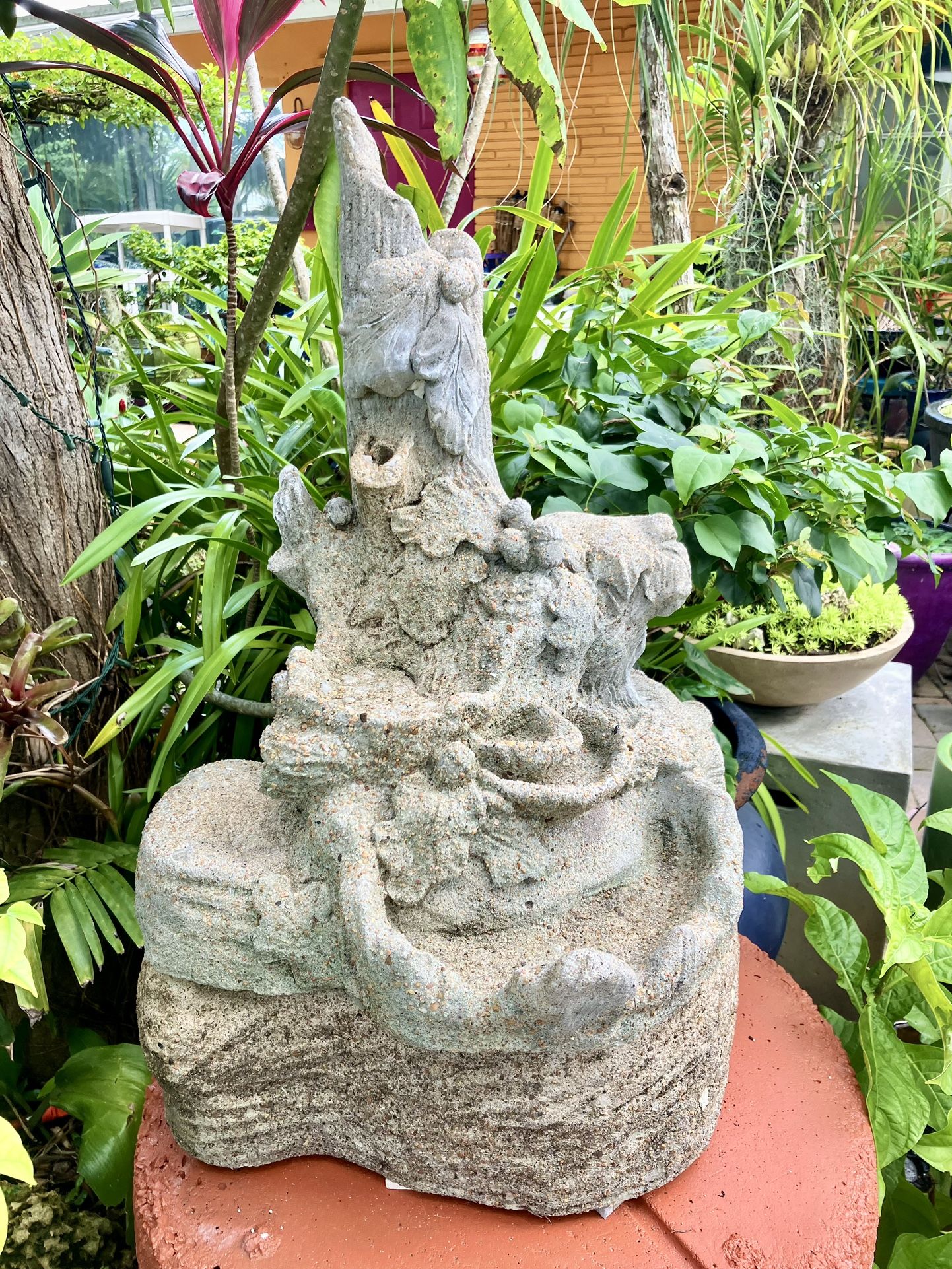 25” Vintage Concrete Fountain with Stand: 25.5”H x 20”W x 14”D