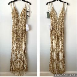 Mac Duggal Embellished Leaf Sequin Plunging Tulle Gown Dress 5107 Size 4 NWT