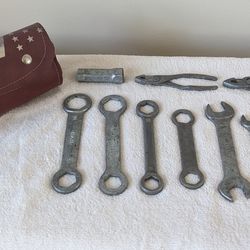 Vintage Yamaha Motorcycle Wrench and Plier Assortment with Leather Carrying Bag