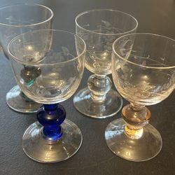 Vtg MCM 4 Cordial Etched Bar Glasses