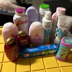 Hygiene products and clothes, body wash, shampoo, lotion, deodorant, toothpaste