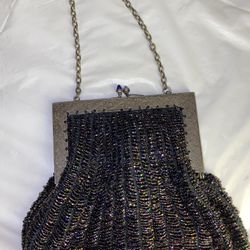 VTG Handmade Black Beaded Sparkly Evening Bag Purse Kiss Closure