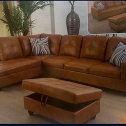 Carmel Leather Sectional Couch And Ottoman