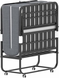1970a  Folding Bed with Mattress for Adults,75" x 38" Portable Rollaway Bed Guest on Wheels with Memory Mattress and Heavy Duty Sturdy Metal Frame,Fol
