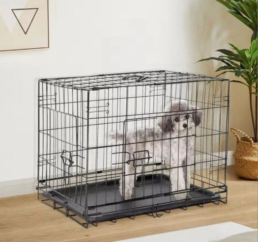 24 Inch Dog Cage With Double Door Folding Metal Plastic Leak Proof Pan Tray