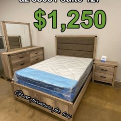 6 PCs Queen Bedroom Set Include Bed Frame Dresser Mirror 1 Nightstand Pillow Top Mattress And Boxspring Brand New