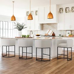 LUE BONA 27" H Counter Height Bar Stools Set of 4, Modern Barrel Counter Stools with Backrest and Arms, Black Metal Frames, Linen Fabric Upholstered A