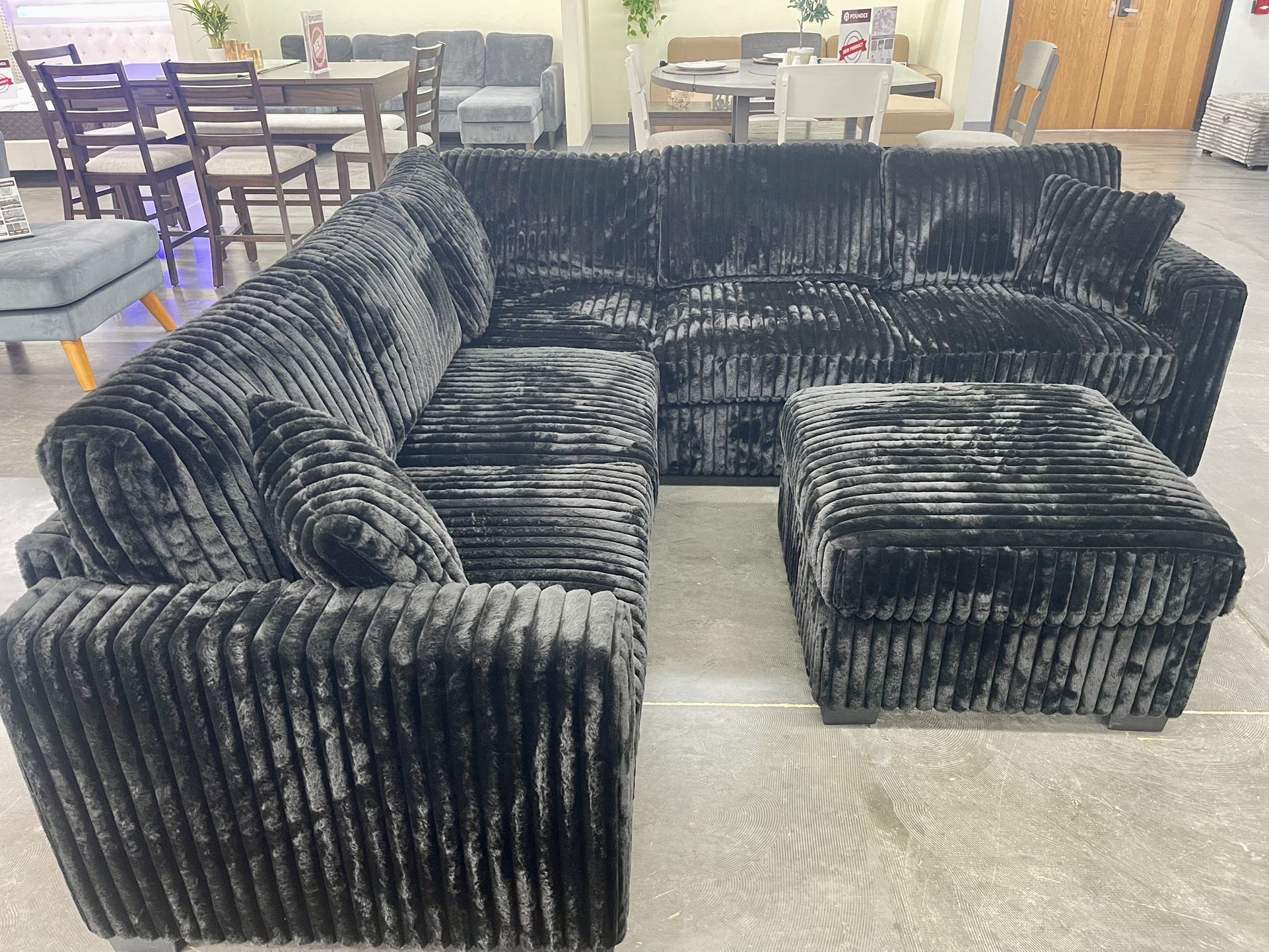 Black Sectional Sofa With Ottoman - Soft Corduroy Fabric