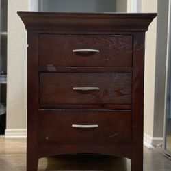 Classic Dark Brown Nightstand - Three Drawers, Silver Pulls - Needs TLC!