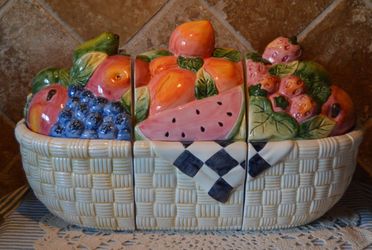 GORGEOUS VINTAGE SIX PIECE CANISTER SET! BY SUSAN WINGET FOR CERTIFIED INTERNATIONAL-FRUIT BASKET CANISTERS