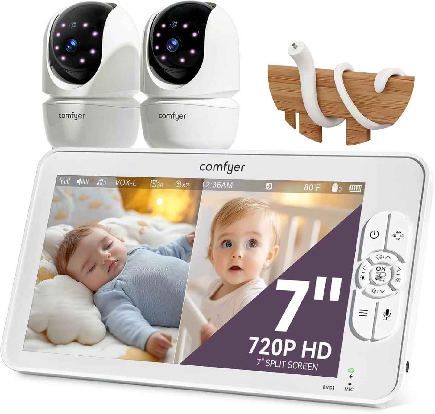 7" Split-Screen Baby Monitor with 2 1080P Cameras, 720P HD No WiFi Monitor with a Flexible Bracket, Video Baby Monitor with Camera and Audio, 2 Way Au