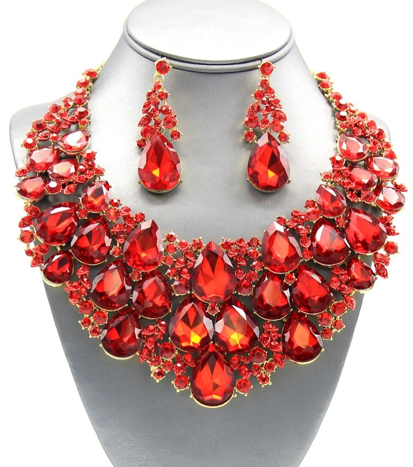 Fashion red crystals statement necklace earrings jewelry set bling