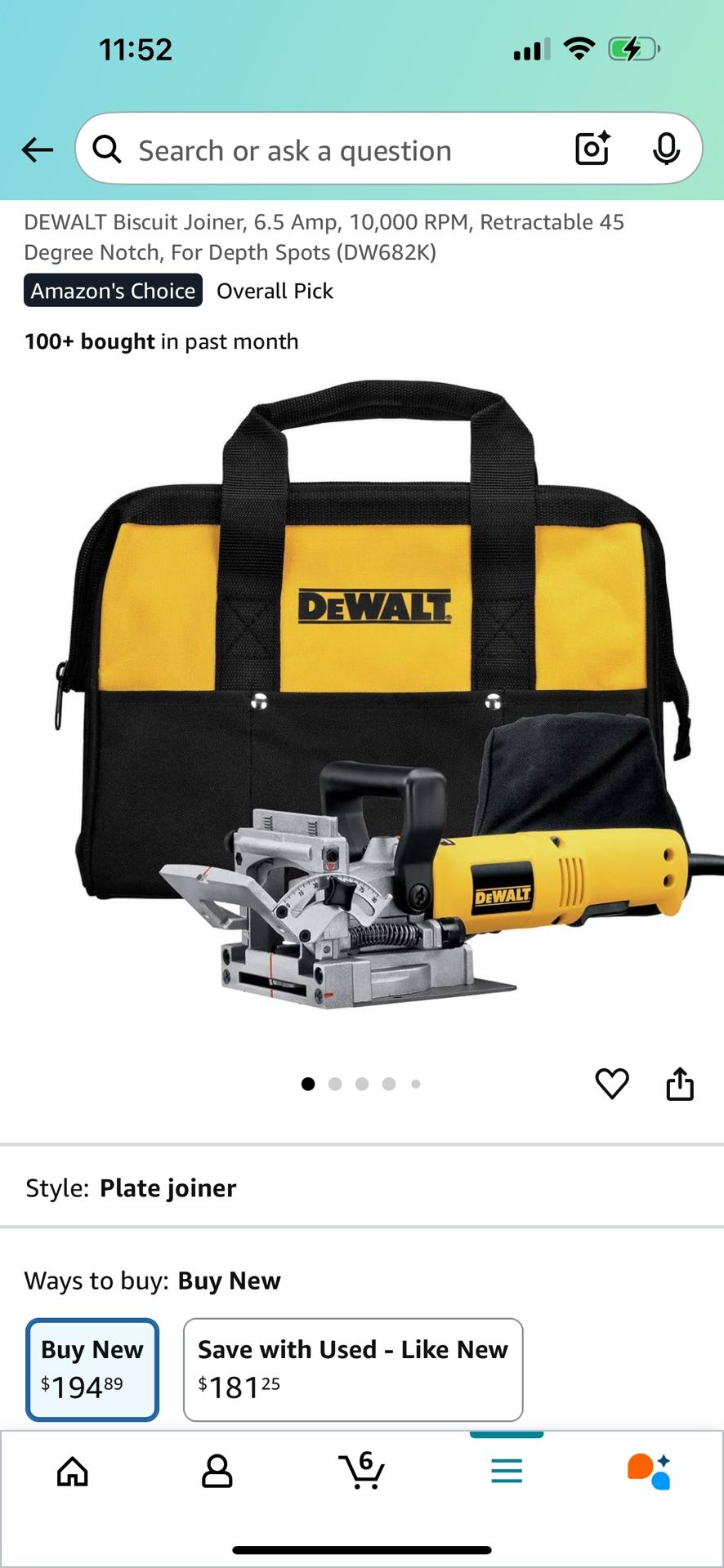$160 DEWALT Biscuit Joiner, 6.5 Amp, 10,000 RPM, Retractable 45 Degree Notch, For Depth Spots (DW682K)