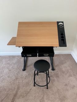 Adjustable Art Drafting Table with Stool and Storage Drawers