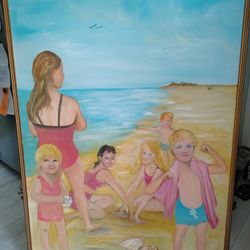 "At The Beach" Very Large Painting with Frame