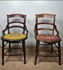 Antique Pair of 19th Century Victorian Needlepoint Ladderback Chairs