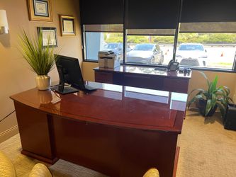 Solid wood, office, desk and credenza set with glass surface top included