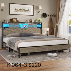 DICTAC King Size Farmhouse Bed Frame with Charging Station and Storage Headboard, LED Platform Bed, No Box Spring Needed, Rustic Oak(064-3)