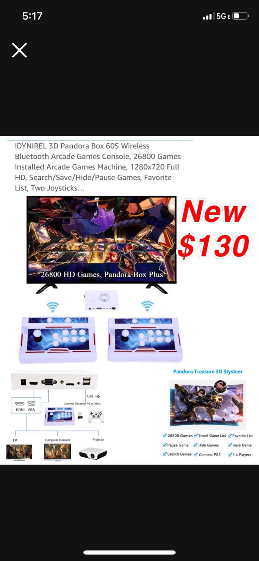 New IDYNIREL 3D Pandora Box 60S Wireless Bluetooth Arcade Games Console, 26800 Games Installed Arcade Games Machine, 1280x720 Full HD, $130