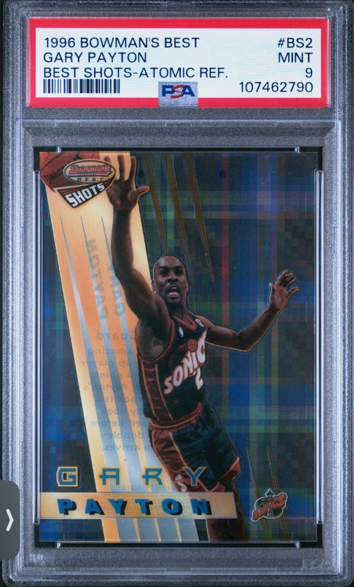 1996-97 Bowman’s Best -Best Shots INSERT/PARALLEL CARD #BS2 GARY PAYTON - SUPER RARE ATOMIC REFRACTOR PARALLEL - GRADED PSA 9 MINT CONDITION!💎