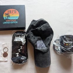 NEW 1975 Birthday 50th Celebration Collection Gift Set Complete Mug Socks Hat Coffee Cup Key Chain Box Vintage Memorabilia Kit 50 Anniversary Party
