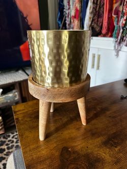 Hammered Gold Metal Planter with Wood Stand