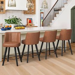 26 in. High Back Brown Faux Leather Solid Wood Frame Swivel Bar Stool Modern Counter Height Stool (Set of 4)