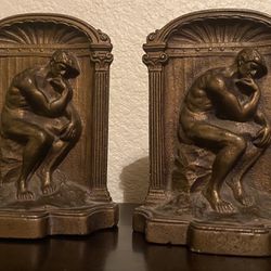 Vintage Bronze Plated Cast Iron Bookends The Thinker 5.25 x 4” Rodin